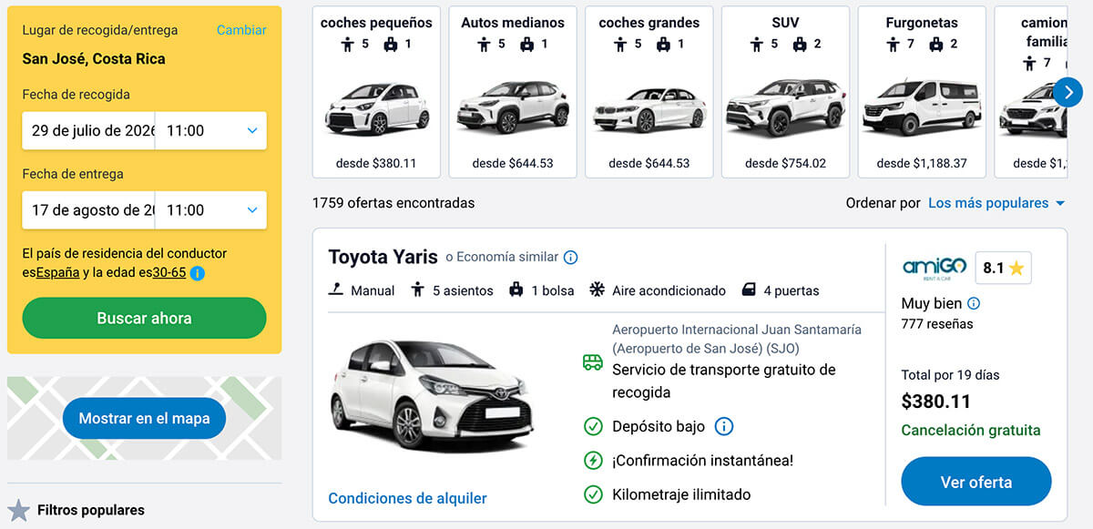 tipo de coche de alquiler en Costa Rica